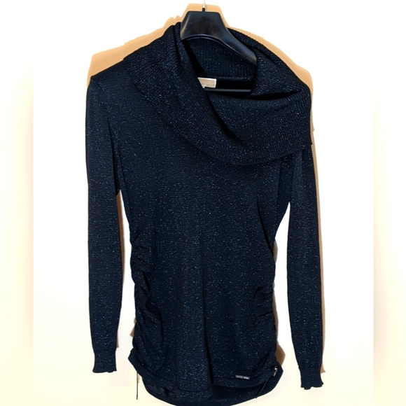 Michael Kors| Black Shimmering Cowlneck Sweater With Drawstring Sides - Picture 1 of 17